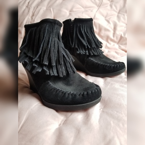 Minnetonka Black Suede Fringe Wedge Booties